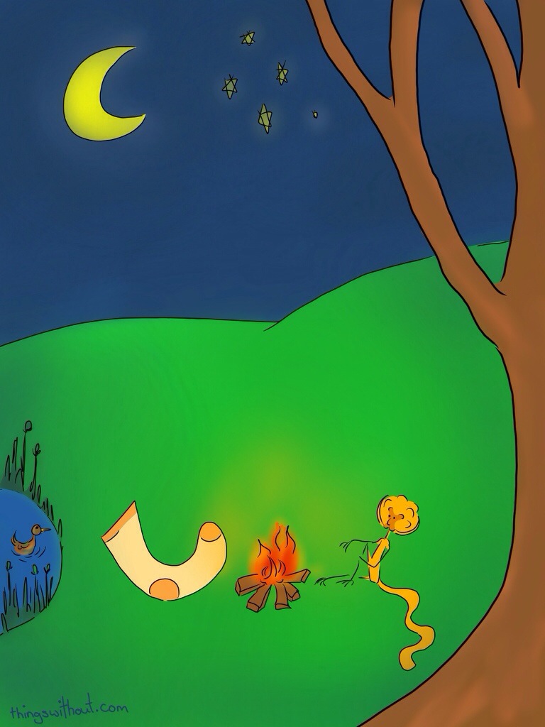 Sock and Mayara sit around a camp fire. There is a pond and tree nearby and a crescent moon in the sky.