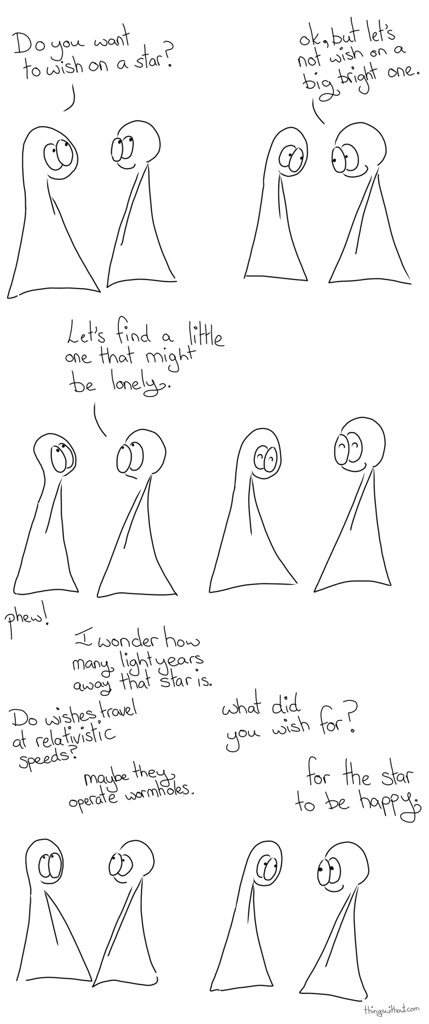 Wishing on a Star Transcript Thing 1: Do you want to wish on a star? Thing 2: Ok, but lets not wish on a big bright one. Thing 2: Let's find a little one that might be lonely The Things close their eyes and smile Thing 1: Phew! Thing 2: I wonder how many lightyears away that star is. Thing 1: Do wishes travel at relativistic speeds? Thing 2: Maybe they operate wormholes