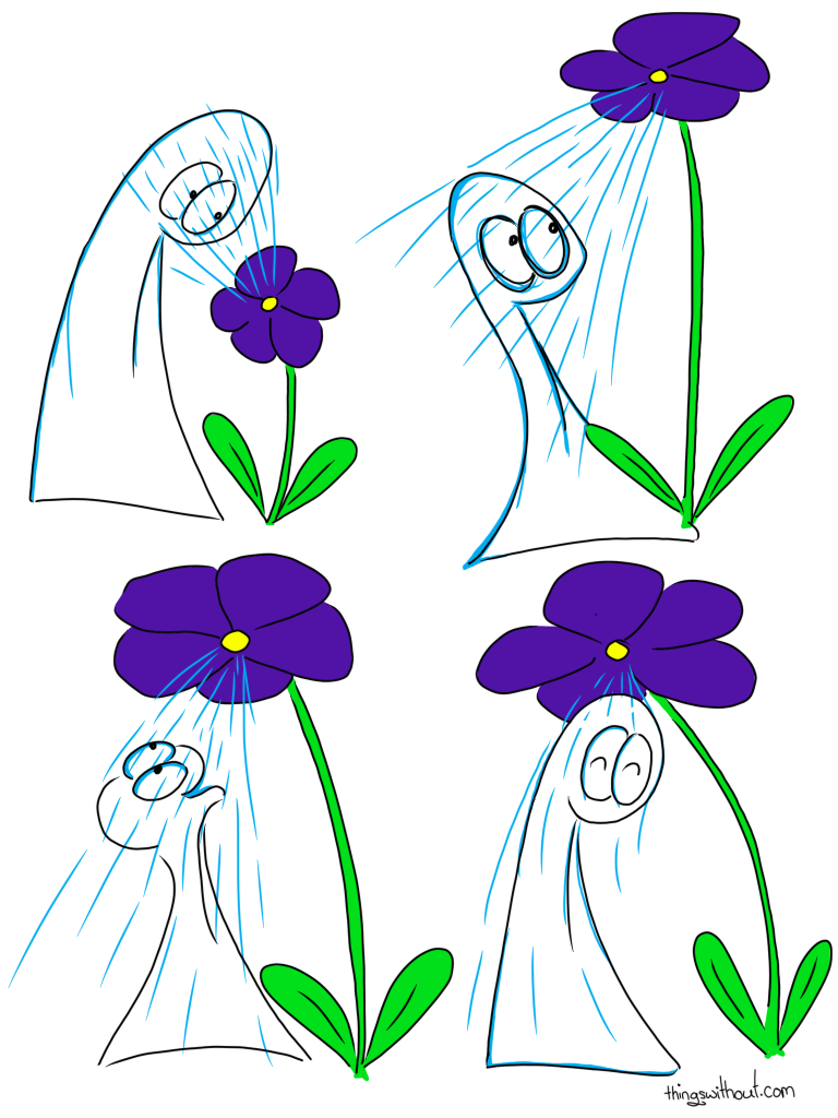 Transcript Flower spurting water into Thing's face. Flower growing taller and spurting water into Thing's face. Thing opening its mouth underneath the shower of water coming from the flower. Thing hanging out under the flower-shower and smiling.