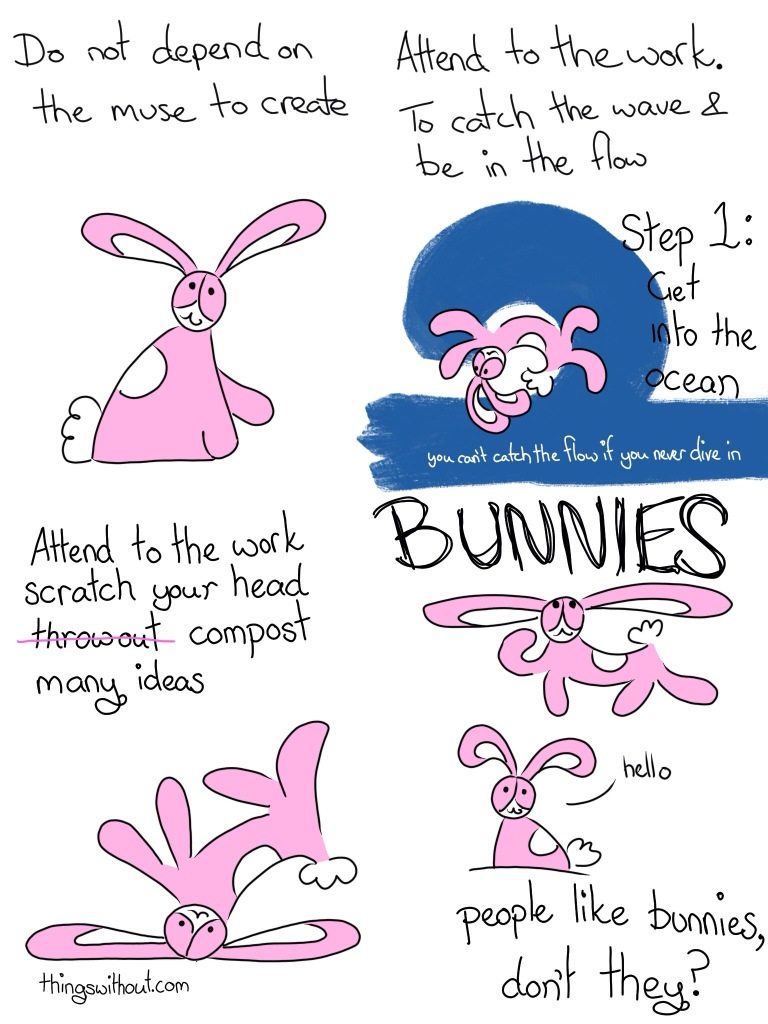 Transcript Bunson Hoppydew (a little pink bunny, he likes dancing, friendship and cake) smiles at us. Narrator: Do not depend on the muse to create. Bunson body surfs in a wave. Narrator: Attend to the work, to catch the wave and be in the flow. Step 1: Get into the ocean, you can't catch the flow if you never dive in. Attend to the work, scratch your head throw out compost many ideas. Bunson lands on his head, but he's smiling. Narrator: BUNNIES