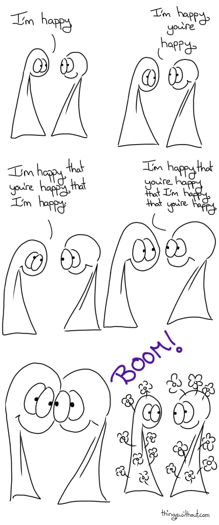 Happy Comic Transcript Thing 1 and Thing 2 are chatting to each other. Thing 1: I'm happy. Thing 2: I'm happy you're happy. Thing 1: I'm happy that you're happy that I'm happy. Thing 2: I'm happy that you're happy that I'm happy that you're happy.