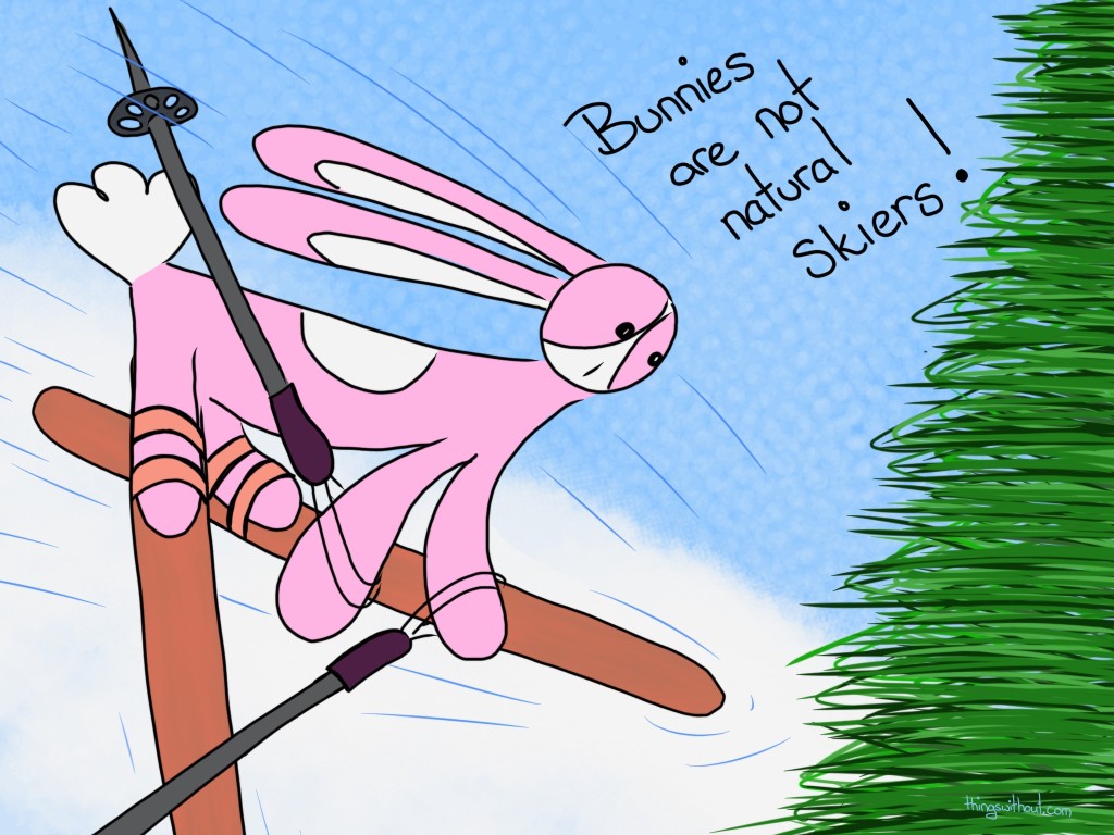 Bunny falling down a hill on skis