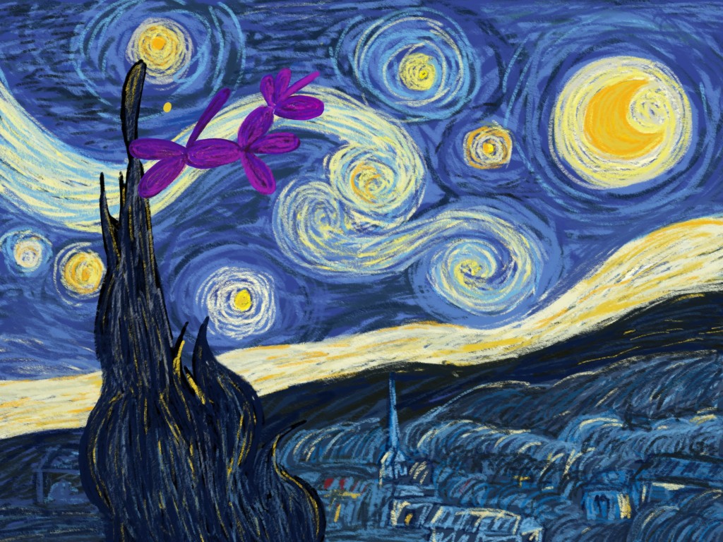 Chuffles the balloon unicorn drawn in the style of Vincent Van Gogh's Starry Night