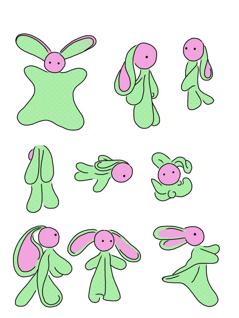 Concept art of Maggie the bunny washcloth doll, she is pink and green