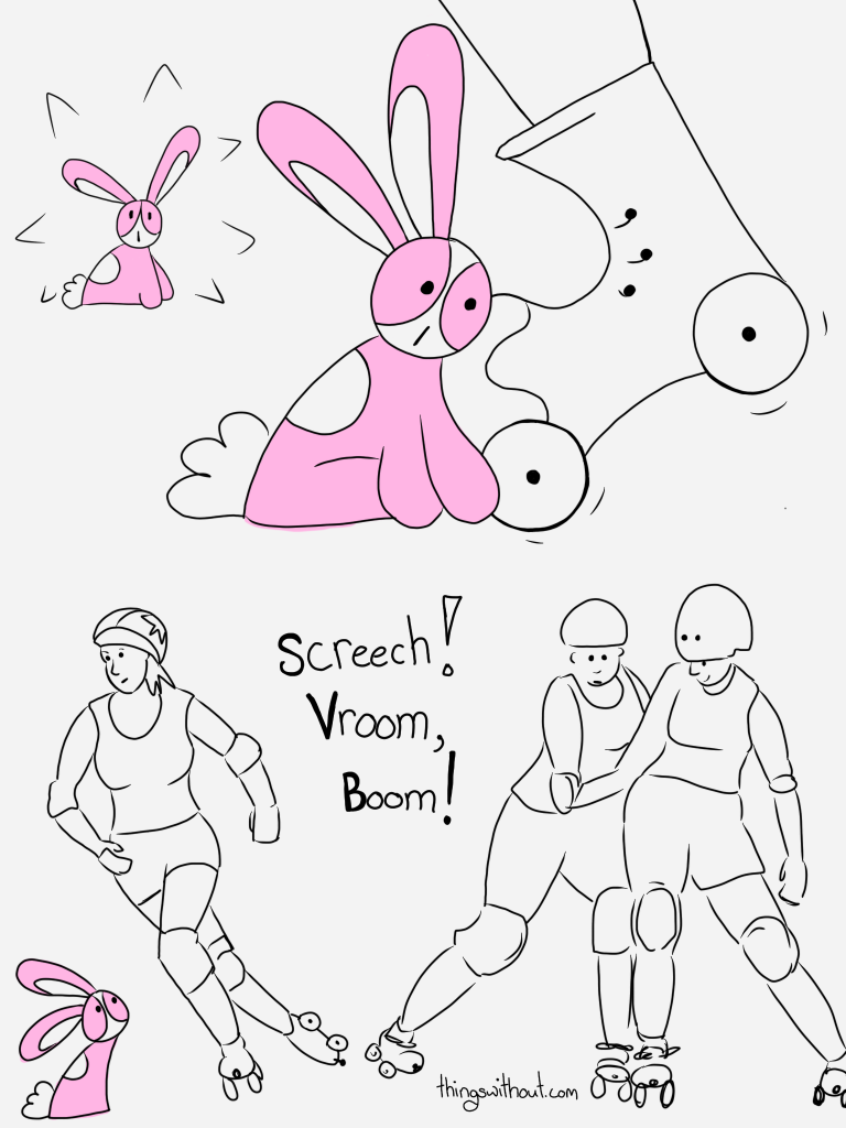 A little bunny amongst big roller derby skaters.