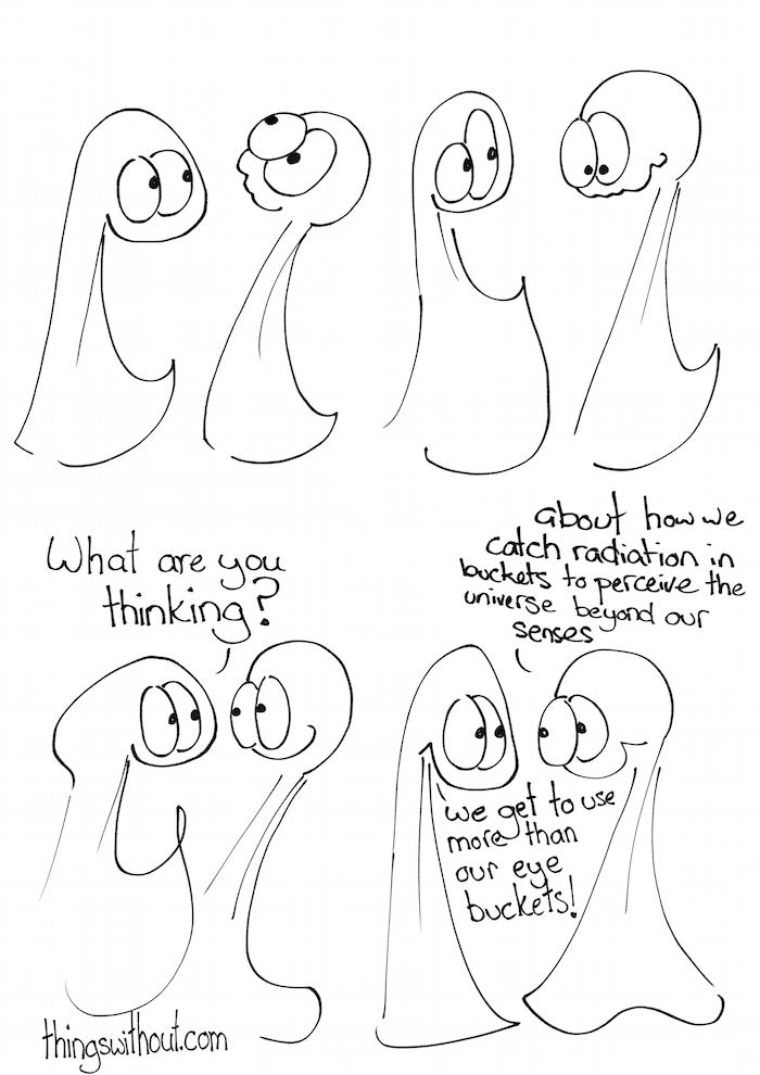 Science Transcript Thing 1 looks at Thing 2. Thing 2 is pulling a strange expression and looking up. Thing 2 pulls a strange expression and looks down. Thing 1: What are you thinking? Thing 2: About how we catch radiation to perceive the universe beyond our senses. Thing 2: We get to use more than our eye buckets!