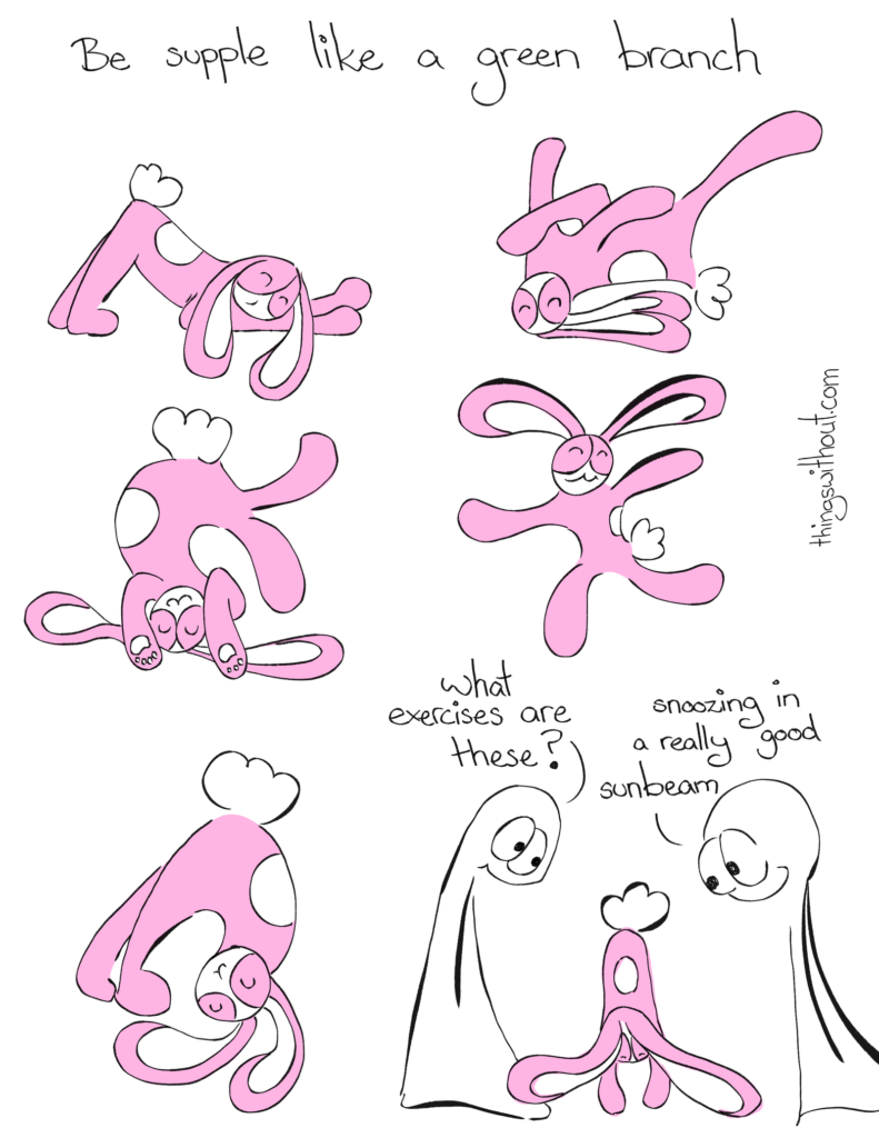 Bunny yoga comic, see below for full transcript