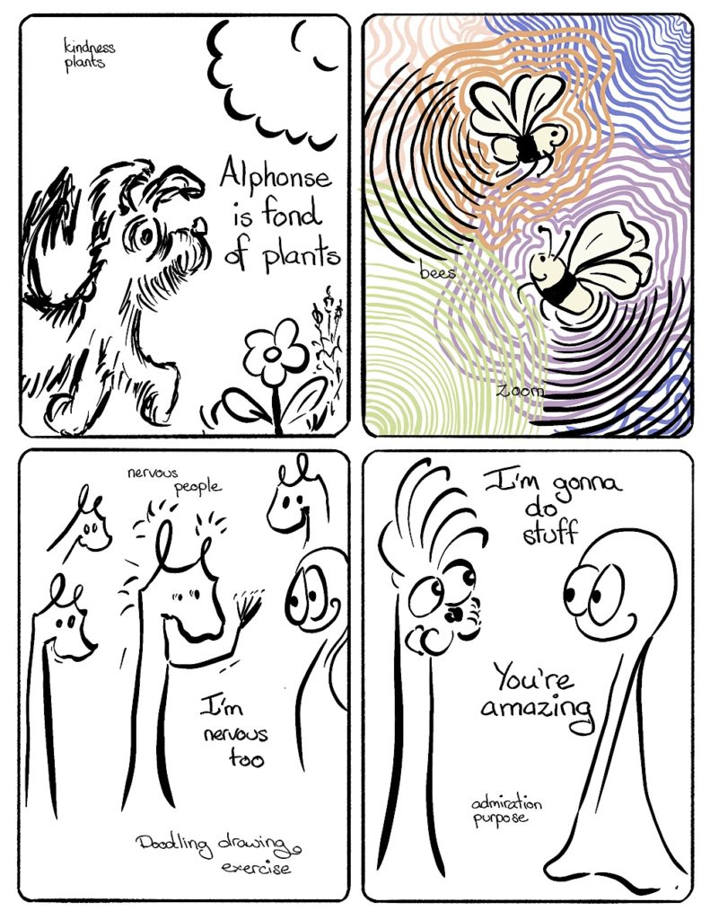 Abstract comic with dogs bees and flowers