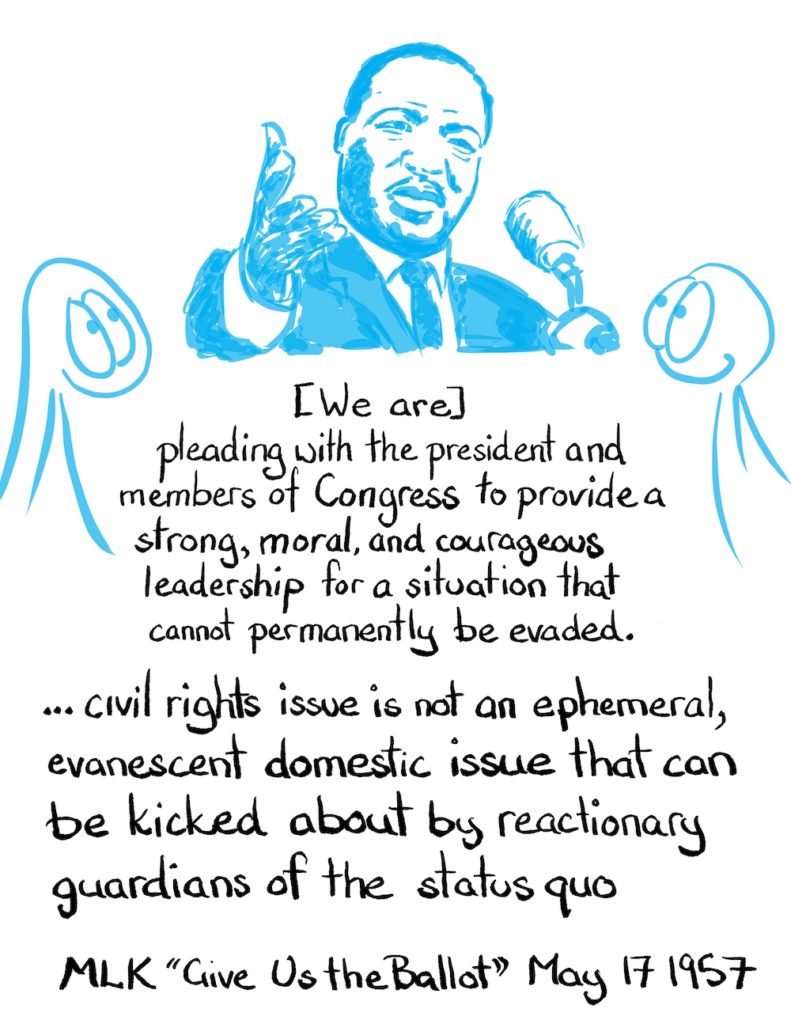 I thought I'd use this day to read more Martin Luther King speeches, look at some things that aren't so commonly read. Quotes are one thing, but it is nice to read the wholeness of something. The Give Us the Ballot speech has some complexities. It has an optimism towards voting rights that could be read as too optimistic, or a provide a profound reason why voter suppression is so savage and severe. To get the vote turns out to be more complex than saying folks have a thing, there's a whole lot of machinery of government and culture that can work to support or suppress true democracy.  The Give Us the Ballot speech is probably not quoted as much because it has an uncomplicated anti-communism statement from someone who had a complicated relationship with the term and faced savage investigation because of the term. The Martin Luther King, Jr. Research and Education Institute has some interesting analysis about that.  This quote touches so powerfully on a need, still owing, over 50 years later. And when I read the final paragraph of this speech I am reminded about how so many Black voters in the USA are to be thanked for helping get Trump out of Office and changing the balance of power in the Senate. Martin Luther King's praise seems quite fitting when he speaks of the good that can come from Black voters:  Keep moving amid every mountain of opposition. (Yes sir, Yeah) If you will do that with dignity (Say it), when the history books are written in the future, the historians will have to look back and say, “There lived a great people. (Yes sir, Yes) A people with ‘fleecy locks and black complexion,’ but a people who injected new meaning into the veins of civilization (Yes); a people which stood up with dignity and honor and saved Western civilization in her darkest hour (Yes); a people that gave new integrity and a new dimension of love to our civilization.”     Transcript:  [We are] pleading with the president and members of Congress to provide a strong, moral, and courageous leadership for a situation that cannot permanently be evaded.. civil rights issue is not an ephemeral, evanescent domestic issue that can be kicked about by reactionary guardians of the status quo.  -Give us the Ballot May 17 1957  Thanks to all my patrons and a special big extra thanks to Kate Webb, Erik Owomoyela and Sandra M. Odell.