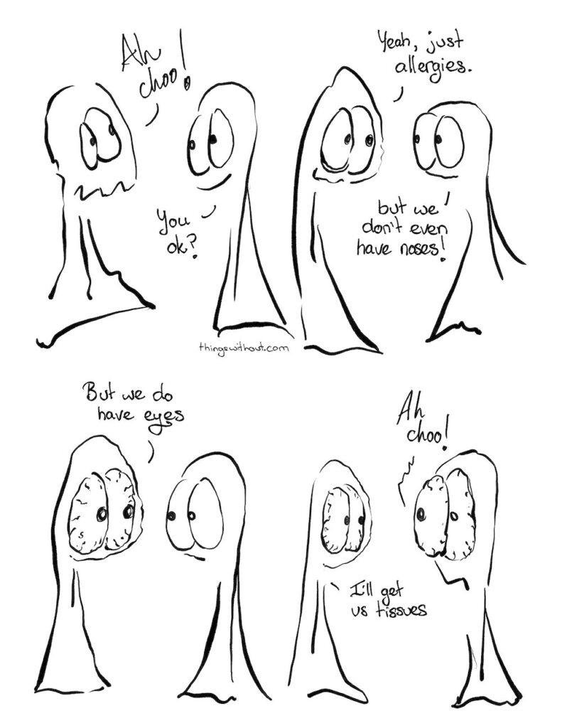 Thing 1: Ah Choo!
Thing 2: You ok?
Thing 1: Yeah, just allergies
Thing 2: But we don’t even have noses!

Thing 1’s eyes are massively blood shot
Thing 1: But we do have eyes. 

Thing 2: Ah choo!
Now Thing 2’s eyes are bloodshot.
Thing 1: I’ll get us tissues.
