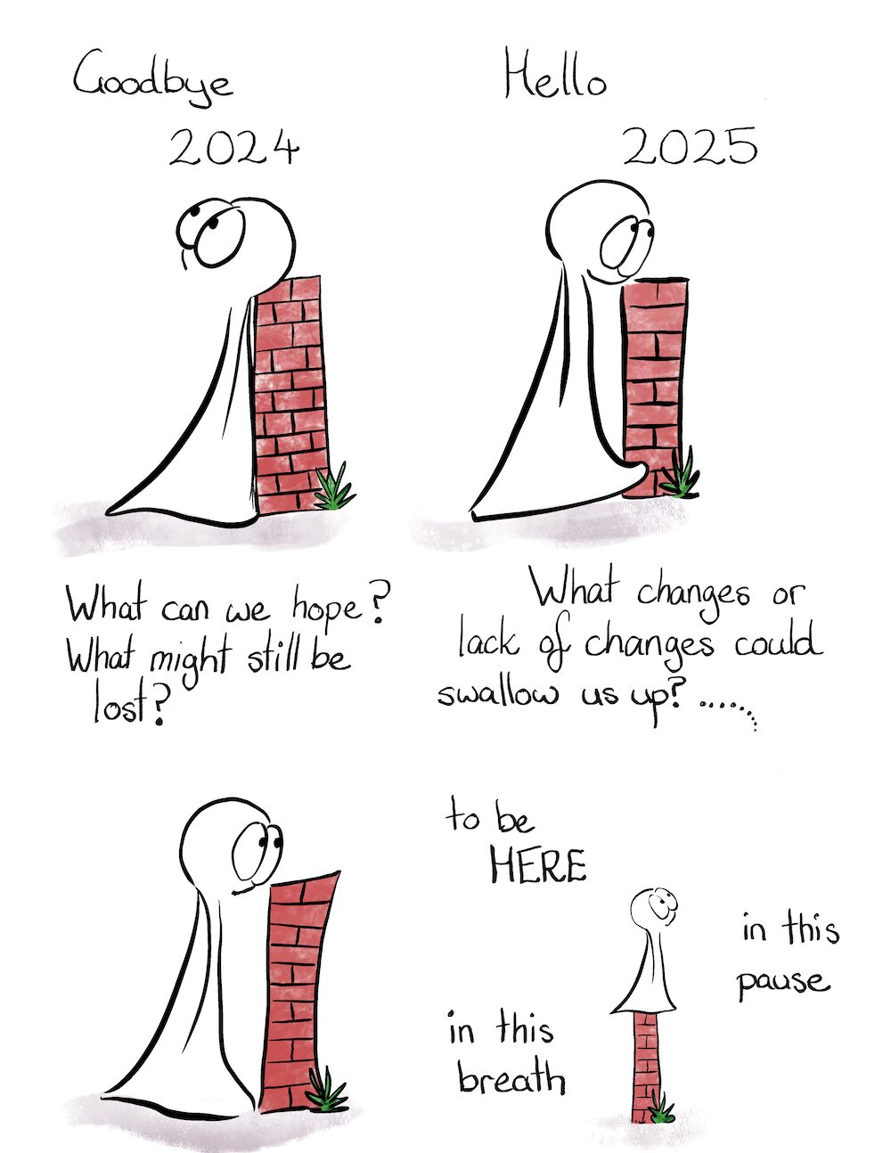 Happy New Year (aka Hello World 3) Comic Transcript Page 1 Thing 2 is leaning on a brick wall, wistfully looking up at the sky to the left. Goodbye 2024 Thing 2 looks over the brick wall to the right, they look a little shy. Hello 2025 What can we hope? What might still be lost? What changes or lack of changes could swallow us up?..... Thing 2 stands on top of the wall, looking up at the sky on the right. To be here, in this pause, in this breath. 