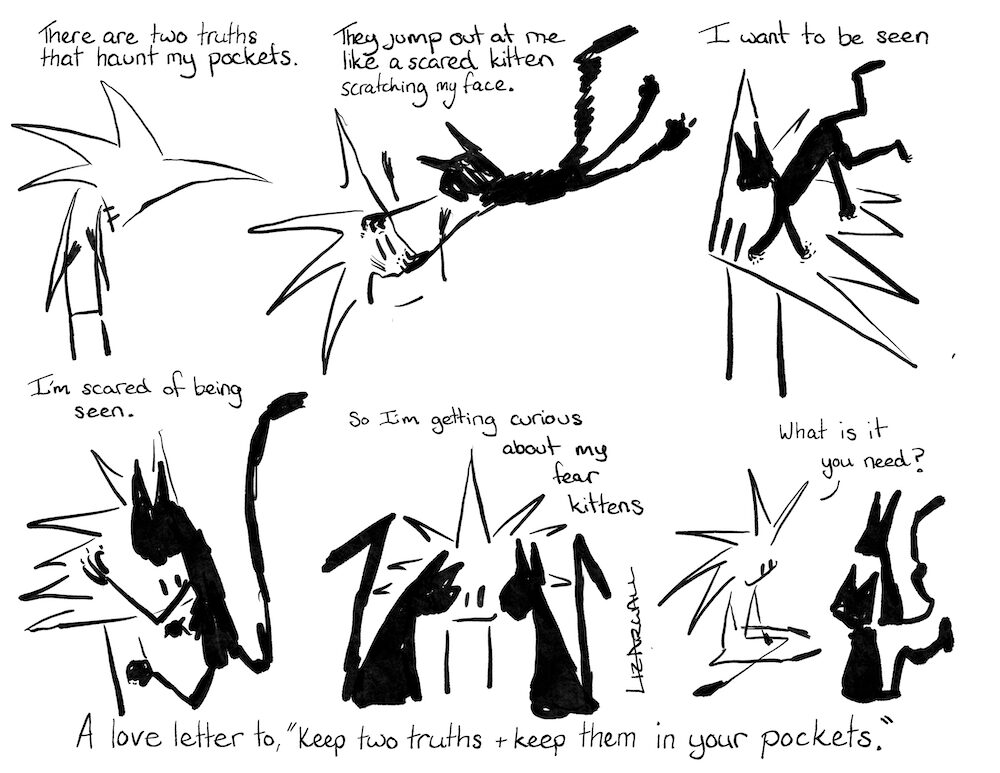 Two Kittens in Your Pocket Comic Transcript
Little Liz looks down at her chest and looks a little sad.
Little Liz: There are two truths that haunt my pockets.
Little Liz: They jump out at me like a scared kitten scratching my face.
A black cat is leaping mid-air, scratching Little Liz’s face.
Little Liz: I want to be seen.
A black cat walks on Liz’s head, claws digging in.
Little Liz: I’m scared of being seen.
A black cat has grabbed onto Liz’s face in slightly face-hugger style.
Little Liz: So I’m getting curious about my fear kittens.
Little Liz looks out at us and slightly smiles. She is framed by two black cats that are sitting and looking towards her.
