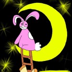 Bunson Hoppydew sits in a crescent moon. A ladder is at the base of the moon and Sock is on the ladder.