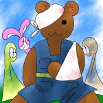 Tankin Bear is wearing bandages and is smiling. Bunson and the Things look at Tankin Bear