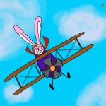 Bunson Hoppydew wearing aviator goggles and a scarf, flying an old fashioned bi-plane up in the blue sky.