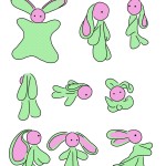 Concept art of Maggie the bunny washcloth doll, she is pink and green