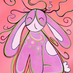 Pink bunny with tendrils of dreams and possibilities coming out of his head