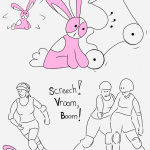 A little bunny amongst big roller derby skaters.