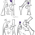 Webcomic. Doodle entity is wearing a tall hat with a large purple flower. Thing 1: Nice hat! Doodle: Thank you, I think it's quite tasteful. Thing 1 leaps up and eats the flower on Doodle's hat. Thing 1: Mmm, and tasty! Doodle: I agree Thing 1 grows a flower out of the top of their head. Doodle is leaping towards the flower with their mouth open Doodle: My turn! Thing 1: tee hee!