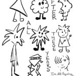 Webcomic. A variety of different looking characters, ranging from a triangle with legs and no facial features, to humanoid characters with spiky hair and a character that looks a bit like a robot biped with a series of shapes stacked precariously on top of each other. Caption: After all these years, I'm still learning how to draw myself