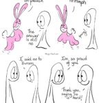 Saying No is Hard, Comic Transcript. Bunson Hoppydew, a pink little boy bunny who likes dancing friendship and cake, bounces up and down. Bunson: Oh please, oh please, oh please. Thing 2: The answer is still no. Bunson: hrmmph. Bunson spoings off. Thing 1 goes up to Thing 2. Thing 2 looks a little bashful. Thing 2: I said no to Bunson. Thing 2: I said no to Bunson. Thing 1: I'm so proud of you. Thing 2: Thank you, saying no is hard! The Things smile at each other.