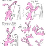 Make Marks Comic Transcript Bunson Hoppydew (he is a pink bunny who likes dancing friendship and cake) is standing in front of an easel with his hands on his hips. Caption: Draw a line. Bunson is drawing a line on the easel with a large pencil. Caption: Any line. Bunson has drawn a lot more lines. Caption: Draw more lines if you feel like it. Bunson: yay! Bunson spoings and jumps and dances around. Bunson is sitting down looking at us, there is a pencil tucked between his ears. Caption: Make marks.