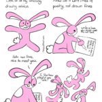 Comic How to Write Poetry with Bunson Hoppydew. Bunson Hoppydew, a pink bunny who likes dancing friendship and cake, is excitedly looking at us. Bunson: Look at all my amazing drawing advice Bunson is sitting down and writing “There is was a duck in a thicket.” Bunson: Now do it with lines of poetry, not drawn lines. Caption: Write a line you might want to call bad. Bunson pats the writing. Bunson: Hello new lines, nice to meet you. Bunson: I like how playful you are. Bunson dancing and spoinging through the air. Bunson sits down and smiles. Caption: Poetry is for everyone.