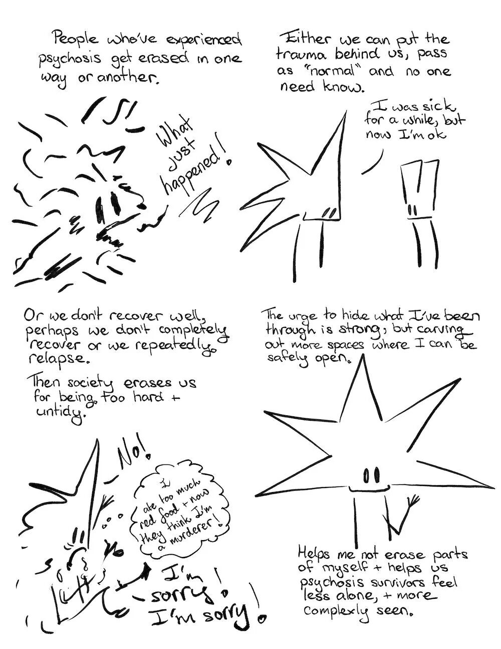 People who've experienced psychosis get erased in one way or another.
Little Liz is drawn with lots of shakey lines in chaos.

Little Liz: What just happened!

Either we put the trauma behind us, pass as "normal" and no one need know.

Little Liz talking to another person.
Little Liz: I was sick for a while, but now I'm ok.

Or we don't recover well, perhaps we don't completely recovery or we repeatedly relapse. 

Then society erases us for being too hard and untidy.

Little Liz vibrating, falling on the ground
Little Liz: No!

Little Liz thought bubble: I ate too much red food and now they think I'm a murderer!

Little Liz: I'm sorry! I'm sorry!

The urge to hide what I've been through is strong, but carving out more spaces where I can be safely open.

Little Liz smiles and waves.

Helps me not erase parts of myself and helps us psychosis survivors feel less alone, and more complexly seen.